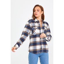 Tarz Cool Mavi-Kahverengi Kadın Slim Fit Düğmeli Yaka Çift Cepli Oduncu Ekose Gömlek