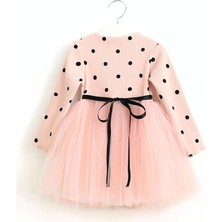 Şirin Şeyler Butiği Linda Kız Bebek Çocuk Elbise Puantiyeli Uzun Kol Esnek Likralı Somon