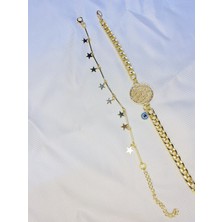 Bers Aksesuar Kadın Altın Kaplama Ikili Zincir Kombin Bileklik Seti