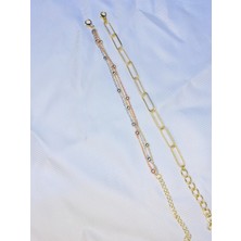 Bers Aksesuar Kadın Altın Kaplama Ikili Zincir Kombin Bileklik Seti