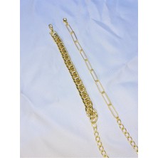 Bers Aksesuar Kadın Altın Kaplama Ikili Zincir Kombin Bileklik Seti