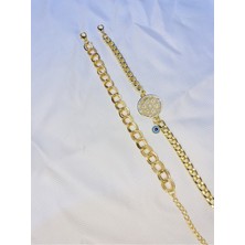 Bers Aksesuar Kadın Altın Kaplama Ikili Zincir Kombin Bileklik Seti