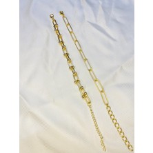 Bers Aksesuar Kadın Altın Kaplama Ikili Zincir Kombin Bileklik Seti