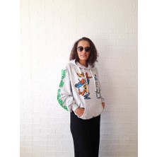 Berse Butik Gri Kelebek Baskılı Kapüşonlu Oversize Sweatshirt