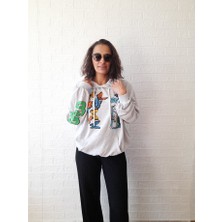 Berse Butik Gri Kelebek Baskılı Kapüşonlu Oversize Sweatshirt