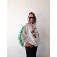 Berse Butik Gri Kelebek Baskılı Kapüşonlu Oversize Sweatshirt
