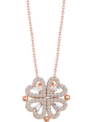 Gumush Gümüş Beyaz Taşlı Kalpli Açılabilen Yonca Kadın Kolye