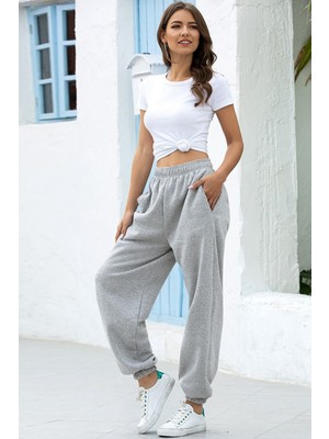 Kadın Gri Oversize Paçası Lastikli Eşofman Altı Jogger Şardonlu İçi Polar