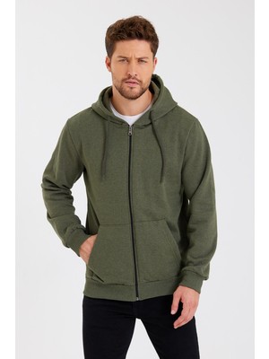 Comeor Haki Kanguru Cepli Kapüşonlu Fermuarlı İçi Pamuklu Erkek Sweatshirt