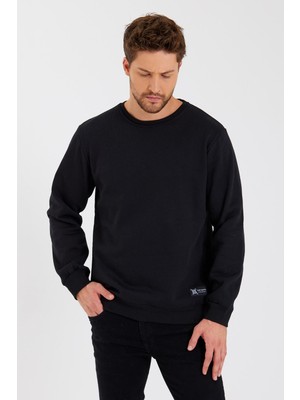 Comeor Siyah Bisiklet Yaka Etiket Detaylı Içi Pamuklu Erkek Sweatshirt