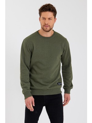 Comeor Haki Bisiklet Yaka Etiket Detaylı Içi Pamuklu Erkek Sweatshirt