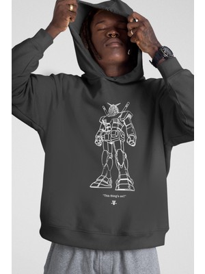 Rock&Roll Robotic Kapüşonlu Ön ve Arka Baskılı Kalın Antrasit Erkek Sweatshirt