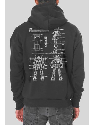 Rock&Roll Robotic Kapüşonlu Ön ve Arka Baskılı Kalın Antrasit Erkek Sweatshirt