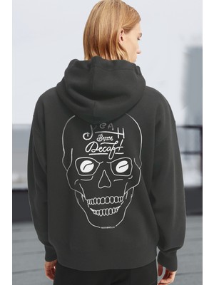 Rock&Roll Alın Yazısı Kapüşonlu Kalın Oversize Ön ve Arka Baskılı Antrasit Kadın Sweatshirt