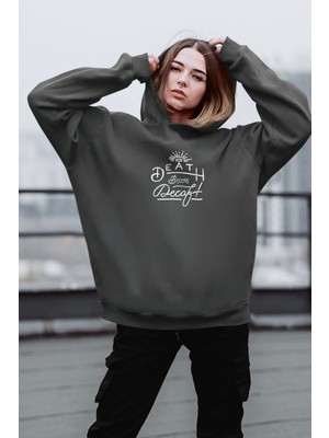 Rock&Roll Alın Yazısı Kapüşonlu Kalın Oversize Ön ve Arka Baskılı Antrasit Kadın Sweatshirt