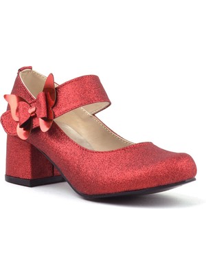 Kırmızı Işıltılı Kelebekli Kız Çocuk Topuklu Ayakkabı
