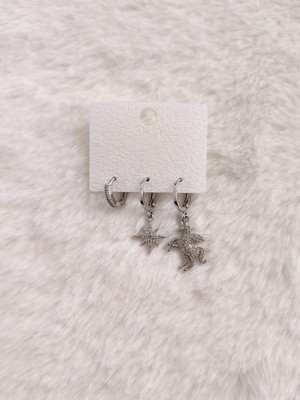 Evorya Kadın Gümüş Renk Çelik Unicorn Kutup Yıldızlı Zirkon Taşlı Sallantılı Üçlü Set Küpe