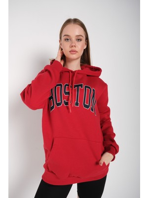 Trend Seninle  Oversize Boston Baskılı Sweatshirt Kapüşonlu