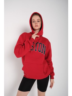 Trend Seninle  Oversize Boston Baskılı Sweatshirt Kapüşonlu