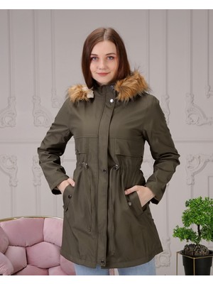 Vibeys Collection Haki Içi Kürklü ve Su Geçirmez Büyük Beden Battal Kadın Kışlık Mont & Kaban