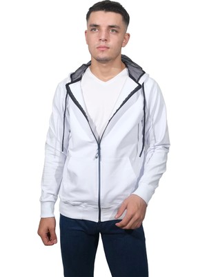 Daniel Milano Erkek Basic Fermuarlı Beyaz Kapüşonlu SWEATSHIRT-131