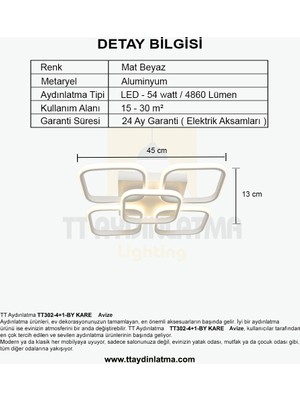 TT Aydınlatma TT302-4+1-BY Kare Tt Aydınlatma Mat Beyaz 5 Li LED Avize