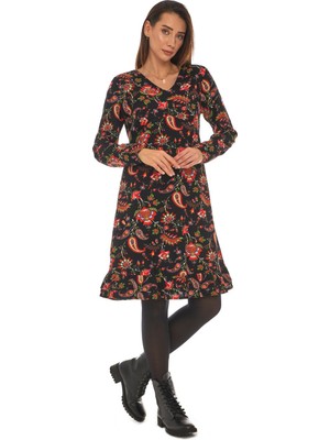 Newbutix Pazen Siyah Otantik Desen Kısa Elbise