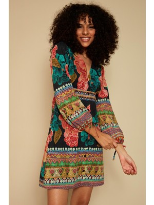 Select Moda Kadın Renkli V Yaka Balon Kollu Elbise