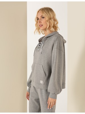 Pierre Cardin Kadın Gri Melanj Oversize Kapüşonlu Sweatshirt 50253518-VR086