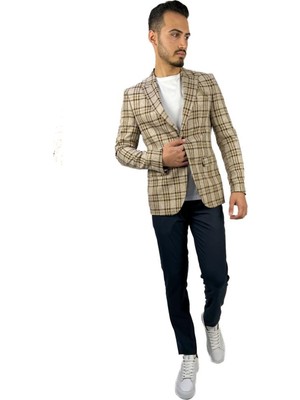 Agustini Bej Ekose Blazer Tek Ceket Sivri Yaka Regular Fit | Agustini