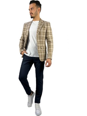 Agustini Bej Ekose Blazer Tek Ceket Sivri Yaka Regular Fit | Agustini