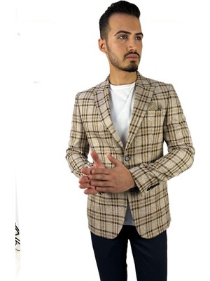 Agustini Bej Ekose Blazer Tek Ceket Sivri Yaka Regular Fit | Agustini