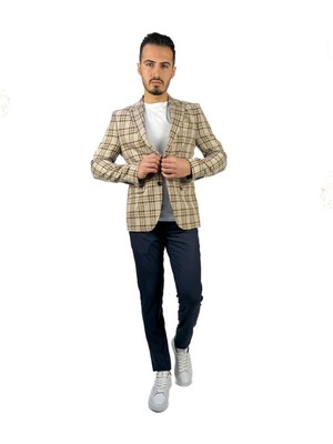 Agustini Bej Ekose Blazer Tek Ceket Sivri Yaka Regular Fit | Agustini