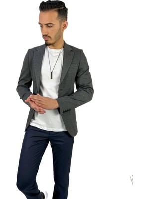 Agustini Gri Blazer Mono Yaka Slim Fit Torba Cep Tek Ceket | Agustini