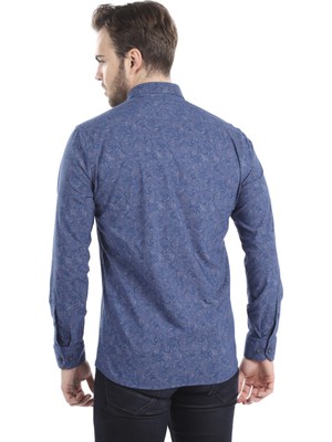 Agustini Erkek Mavi Kendinden Desenli Slim Fit Gömlek | Agustini