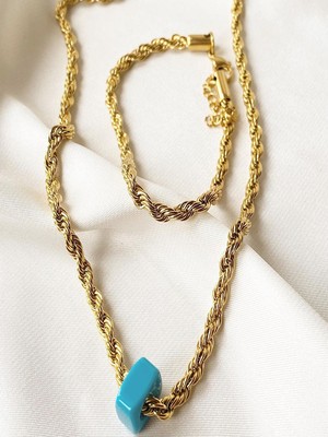 Gena Moda Kadın Mavi Boncuklu, Burgu Zincir 60 cm Paslanmaz Çelik Kolye_bileklik  Takım