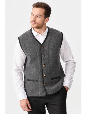 Desen Triko Erkek V Yaka Keçe Aksesuarlı Pike Dokuma Yün Yelek 02422569 Füme