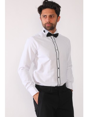 R-Germen Erkek Beyaz Ata Yaka Damatlık Slim Fit Gömlek