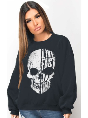 Rock&Roll Hızlı Yaşa Antrasit Bisiklet Yaka Kalın Oversize Kadın Sweatshirt