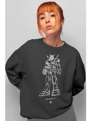 Rock&Roll Robotic Antrasit Bisiklet Yaka Ön ve Arka Baskılı Kalın Oversize Kadın Sweatshirt