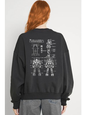 Rock&Roll Robotic Antrasit Bisiklet Yaka Ön ve Arka Baskılı Kalın Oversize Kadın Sweatshirt