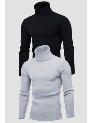 Hanclo Unisex 2’li Hazır Paket Siyah - Gri Balıkçı Yaka Kaşkorse Şardonlu Slimfit Boğazlı Kazak