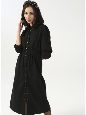 Fabrika Comfort Gömlek Yaka Düz Midi Siyah Kadın Elbise Cm-Poke