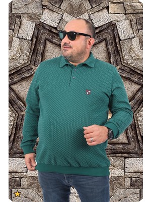 Starbattal Büyük Beden Polo Yaka Sweat 22717-Nefti Renkli Uzun Kol Erkek Desenli Regular Fit