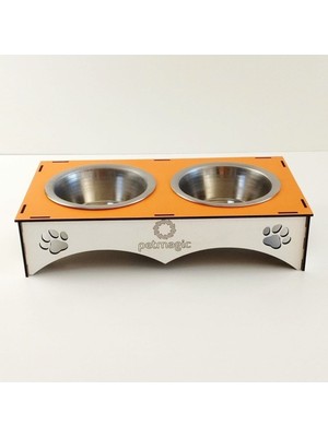 Petmagic 2'li Mama Kabı Ikili Ahşap-Çelik Mama Kabı Turuncu