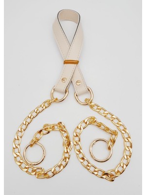 Angel Çanta Aksesuar Suni Deri Dikişli Light Gold Zincirli Krem Renk Çanta Sapı