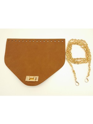 Angel Çanta Aksesuar Taba Renk Nubuk Süet 22.5X17 cm Kapaklı 120 cm Zincirli Çanta Seti