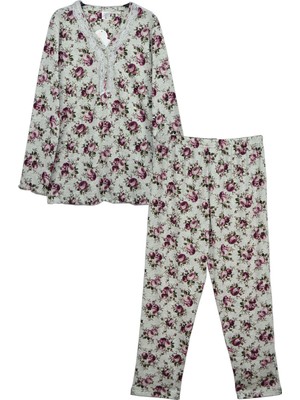 Angelina Kadın Gri Kışlık Pamuk Ribana Kalın Uzunkollu Dantel Yakalı Pijama Takımı 462-3