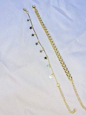 Bers Aksesuar Kadın Altın Kaplama Ikili Zincir Kombin Bileklik Seti