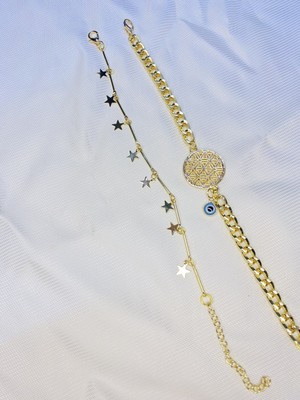 Bers Aksesuar Kadın Altın Kaplama Ikili Zincir Kombin Bileklik Seti